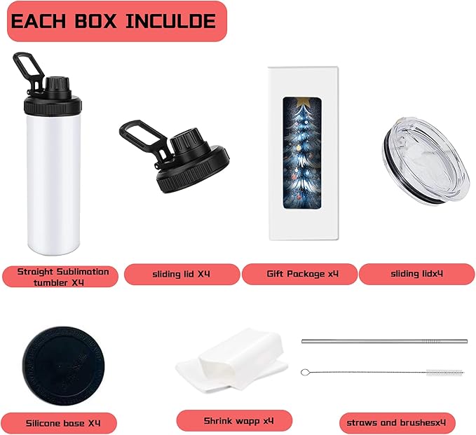 20oz sublimation sport tumblers blanks with two lids ，flat edge sublimation tumblers，double wall stainless steel insulted cup，for Heat Transfer, White (4, with spout lid)