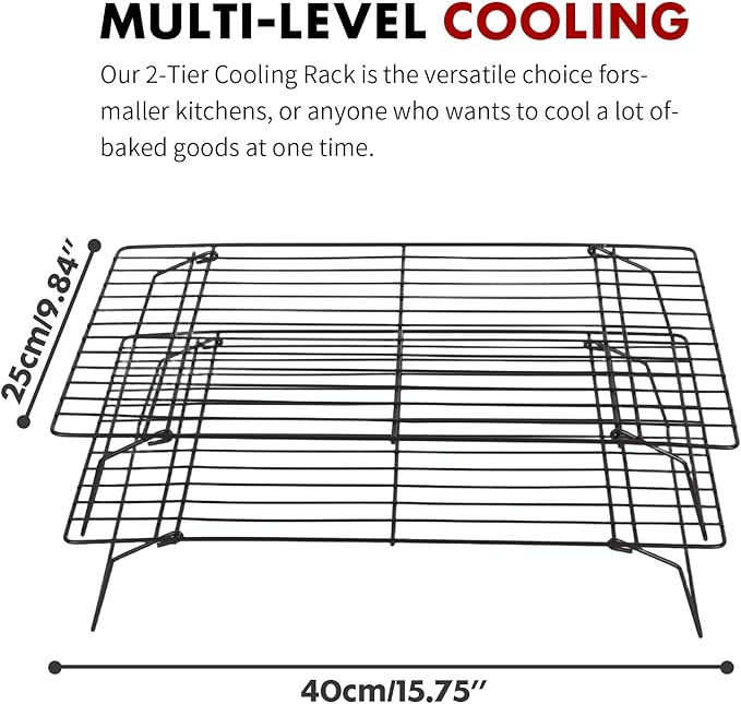 PowerKing 2-Tier Cooling Rack for Baking - 15.75" x 9.84" Stackable Stainless Steel Wire Rack, Non-Stick, Collapsible, Space-Saving Design for Cookies, Cakes, and More, Gifts for Baking Enthusiasts