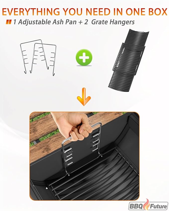 23" to 34" Adjustable Ash pan with 2 Fire Hanger for Chargriller 1224, 1324, 2121, 2222, 2727 2828 2929 Charcoal Grill, Charbroil 17302056, 19302056, for Oklahoma Joe, Royal Gourmet Charcoal Grills