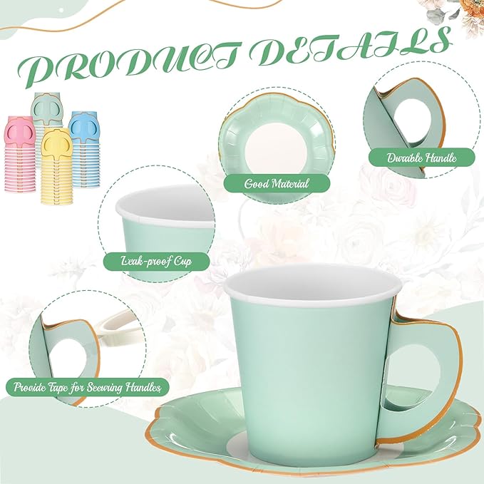 Umigy 60 Sets Pastel Tea Party Decorations 6.5 oz Paper Teacups & Saucer Set for Girls Women Afternoon Tea Parties Mothers Day Bridal Shower Wedding Birthday Party Decorations(Pastel)
