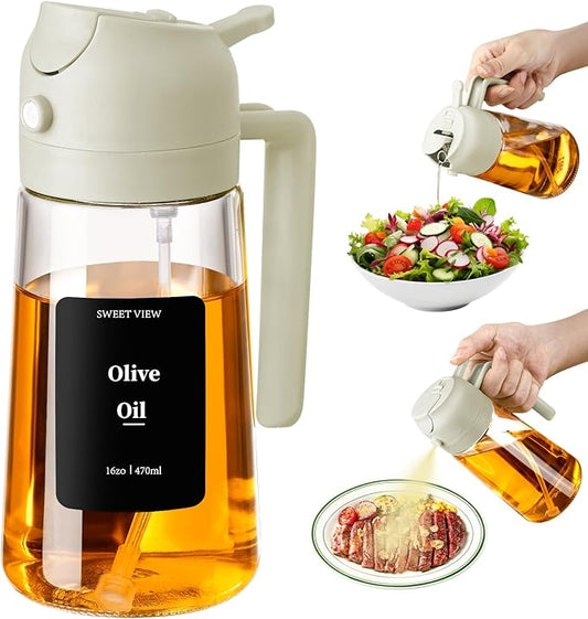 Oil Sprayer for Cooking, 16oz/470ml Glass Oil Dispenser/Pour Bottle, Kitchen Accessories, Kitchen Gadgets for Air Fryer, Salad, BBQ, with Stickers (White)