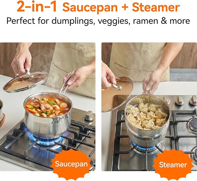 WANGYUANJI 2.5 Quart Stainless Steel Saucepan with Steamer Insert, 2-in-1 Sauce Pot with Lid & Steamer Basket, Tri-Ply Bottom Induction Cookware for Boiling, Soup, Milk, Silver