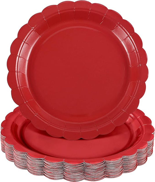 30 Pcs Red Paper Plates 9 Inch Scalloped Disposable Red Dessert Dinner Plate Cute Party Plates for Mothers Day, Birthday, Picnic