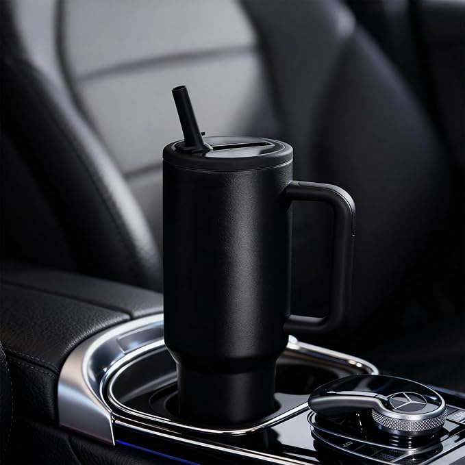 40 oz Insulated Tumbler with Handle,Flip Straw,Lid & Rubber Base Stainless Steel Water Bottle - Leak Proof Vacuum Insulated Mug BPA Free Reusable Travel Cup Gifts for Women/Men (black 40OZ)