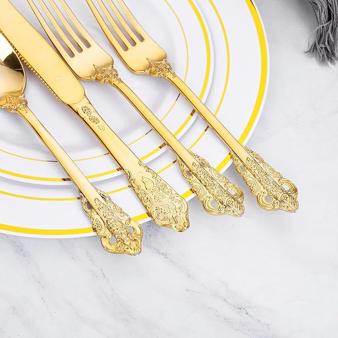 WDF 120PCS Gold Plastic Silverware - Heavy Duty Gold Plastic Cutlery Set Disposable Utensils - 40 Forks, 40 Spoons, 40 Knives, Perfect for Party Weeding Daily Use Baby Showe Spring