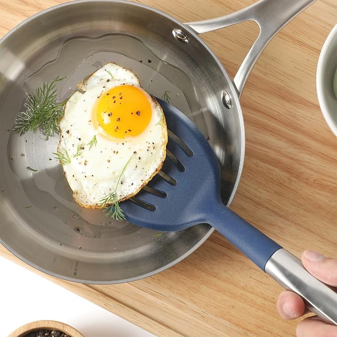 Calphalon Prime Stainless Steel Slotted Turner W/Navy Blue Silicone Head