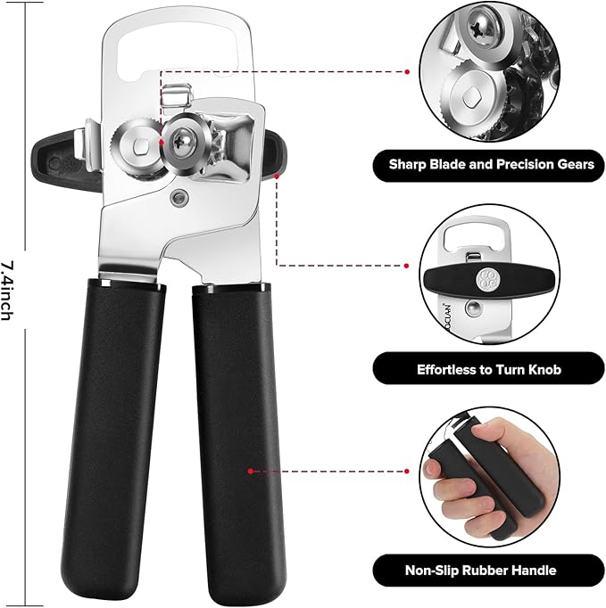 Can Opener Manual with Magnet, Heavy Duty Hand Held Can Opener with Sharp Stainless Steel Blade Easy to Use, Effortless Turn Knob, Soft Comfortable Handle, Built-In Bottle Openers, Black