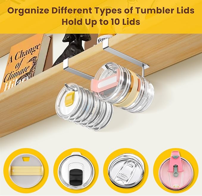 2 Pack Tumbler Lid Organizer, Under Cabinet Cup Lid Holder for Yeti Insulated Mug/Stanley Insulated Mug/Simple Modern Insulated Mug Lid, No Gluing, No Drilling, Up to 10 Lids (Stainless Steel)