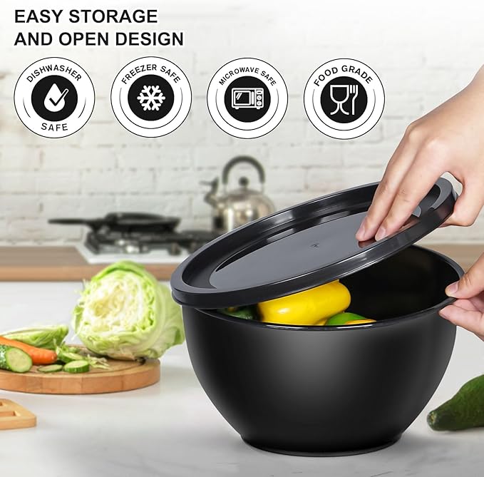 Plastic Mixing Bowls with Lids Set for Kitchen, Nesting Bowls for Mixing, Baking, Prepping, Cooking and Serving Food, Mixing Bowls Dishwasher, Microwave Safe (Black)