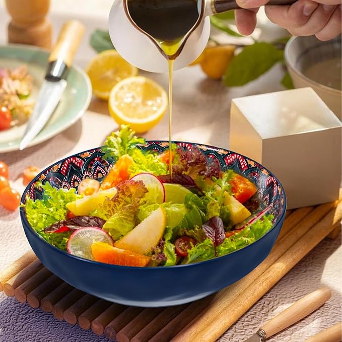 Large Serving Bowls, 10 inch Porcelain Bowls, 75 Oz Fruit Salad Soups & Pasta Bowls for Entertaining, Dinner, Party - Stylish Decorative Dishes, Set of 2, Microwave & Dishwasher Safe - GREEN