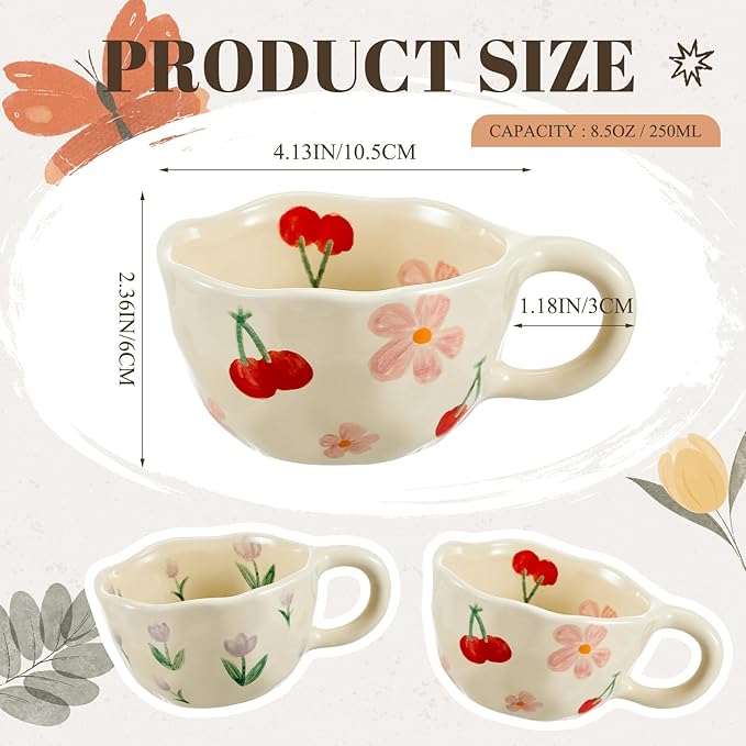 Vesici 2 Pcs Ceramic Coffee Mugs with Spoon, Vintage Floral Spring Mugs with Handle, 8.5 oz Aesthetic Flower Porcelain Tea Cup Set, Dishwasher & Microwave Safe for Home Office Gift(Cute)