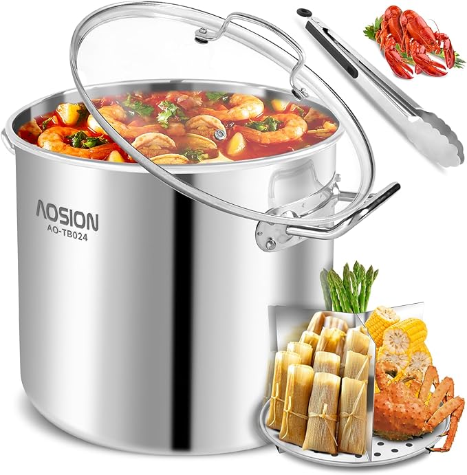 AOSION 24 Quart Stainless Steel Stock Pot With Lid, 3-IN-1 Heavy Duty Tamale Steamer Pot with Visible Lid for Pasta,Large Crawfish Pot for Cooking with Steam Rack,Dishwasher & Oven Safe.