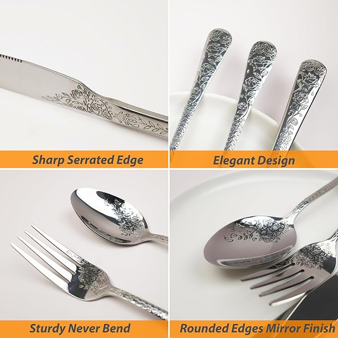Runfly Vintage Carved Floral Silver Silverware Set for 4, Stainless Steel 20-Piece Flatware Set with Knife/Fork/Spoon, Cutlery Set for Home and Kitchen, Modern Utensil Set