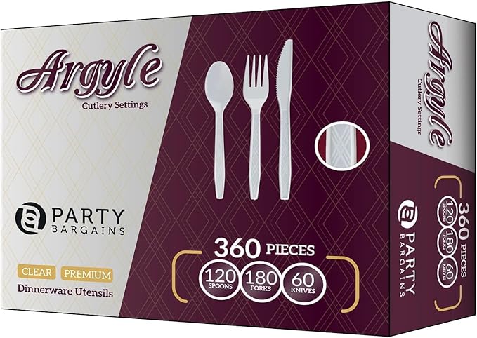 PARTY BARGAINS Argyle White Plastic Cutlery Set 360-Piece – 180 Forks, 120 Spoons, 60 Knives – Heavy-Duty Disposable Utensils for Parties, Weddings, Buffets, BBQs & Catering – BPA Free