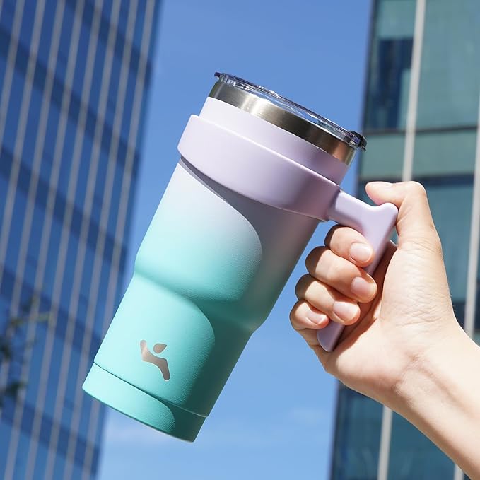 40 oz Tumbler with Handle and 2 Straw 2 Lid, Insulated Water Bottle Stainless Steel Vacuum Cup Reusable Travel Mug, Lavender Green