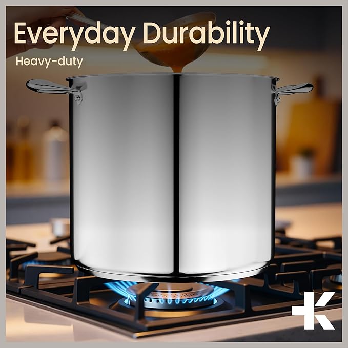 Stainless Steel Stockpot with Tempered Glass Lid 12 Quart, Durable 18/0 Stainless Steel, Impact-Bonded Base for Even Heating, Riveted Handles, Oven & All Stove Compatible, Safe Up To 500°F (260°C)