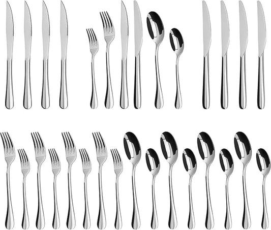 24-Piece Silverware Set with Steak Knives,Flatware Set for 4, Food-Grade Stainless Steel Tableware Cutlery Set, Mirror Finished Utensil Sets for Home Restaurant