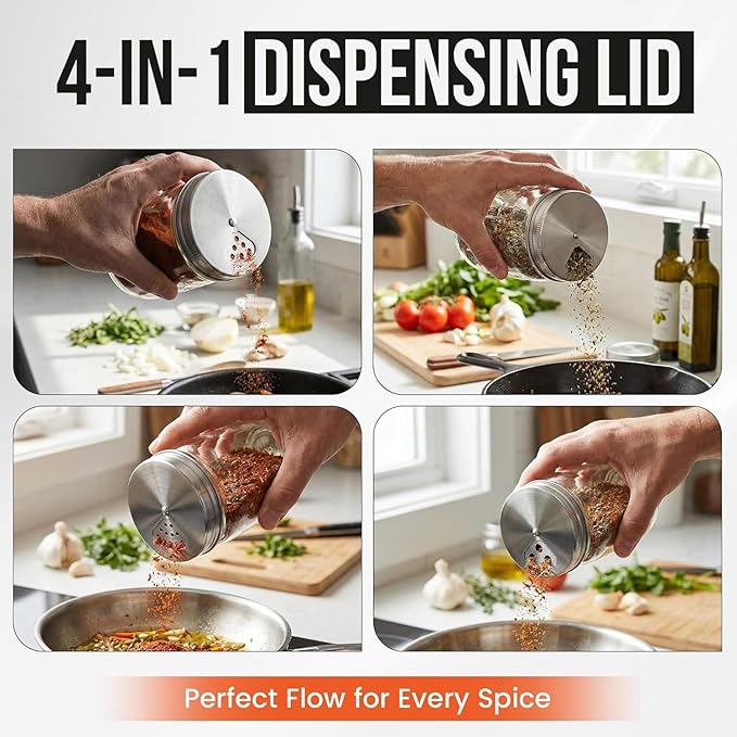 Mason Jar Spice Shaker Lids Stainless Steel – 4 Pack Adjustable Spice Lids for Mason Jars Wide Mouth – Seasoning Salt Pepper Dispenser Tops for Ball Canning Jars
