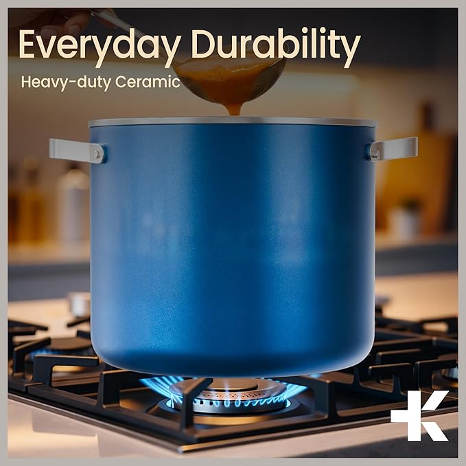Bakken 12.5 Quart Ceramic Coated Stock Pot with Lid, Easy Clean Nonstick Pot, Tempered Glass Lid, Riveted Stainless Steel Handles, Oven Safe Up To 500°F, PTFE & PFAS Free, All Stove Compatible, Blue