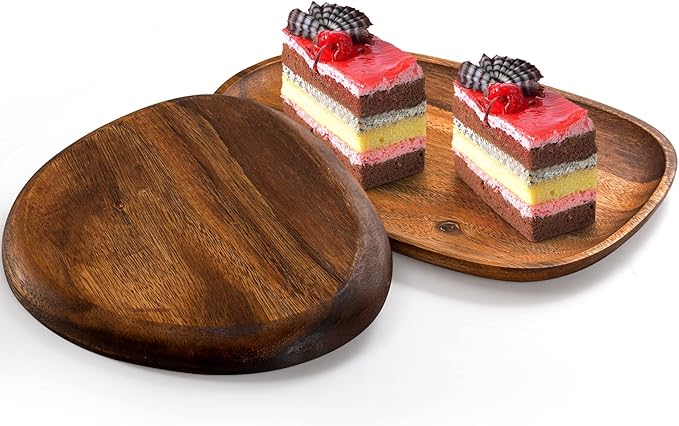 Okllen Set of 5 Acacia Wood Serving Platter and Trays, Irregular Oval Solid Wood Plates Serving Tray, Lightweight Wood Dinner Plates for Breakfast, Coffee, Tea, Snack, Plant, Housewarming Gift