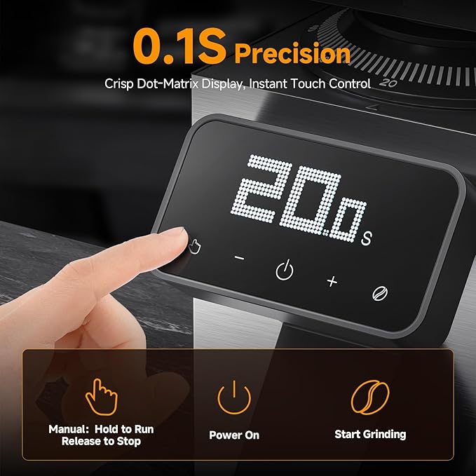Commerical Flat Burr Coffee Bean Grinder, Electric Espresso Grinders for Home Use with All-Metal Chamber and 90 Presice Settings, Stainless Steel Housing, Anti-Static, LED Panel, Sliver