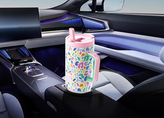 Meoky 40 oz Tumbler with Handle and Flip Straw, 100% Leakproof Tumbler with Lid and Straw, Stainless Steel Insulated Cup, Cupholder Friendly, Keeps Cold for 34 Hours (Leopard)