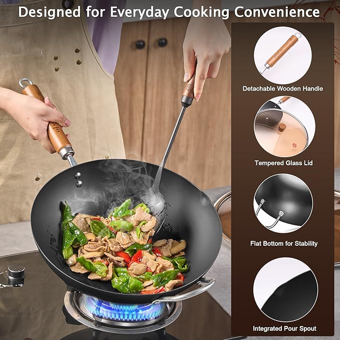 WANGYUANJI Iron Wok,12.59 inch Woks for Stir-fry, Chinese Stir Fry Pan Uncoated, Traditional Flat Bottom Iron Pot for Induction, Electric, Gas, Suitable for All Stoves(Pure Iron Wok)