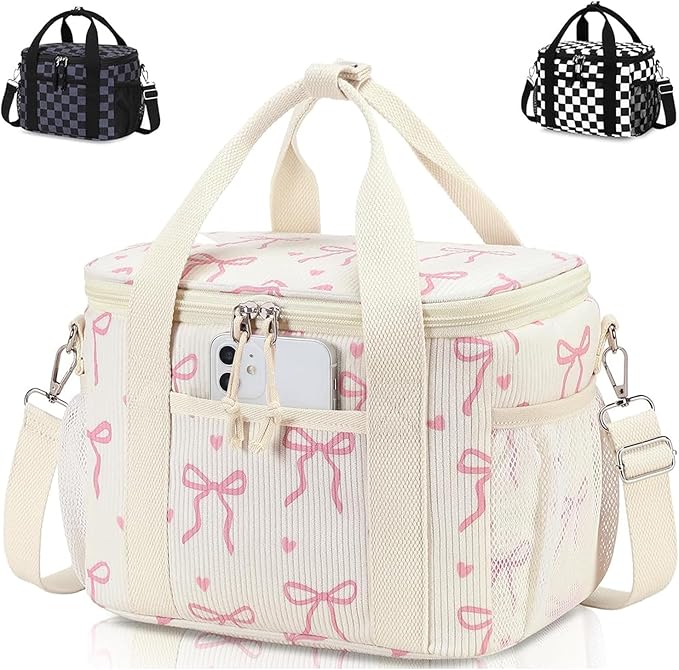 LOIDOU Lunch Box for Women Men Cute Insulated Corduroy Lunch Bag Cooler Leakproof Reusable Adult Lunchbox Adjustable Strap Pink bow lunch tote for Work Office Beach Picnic, Bow