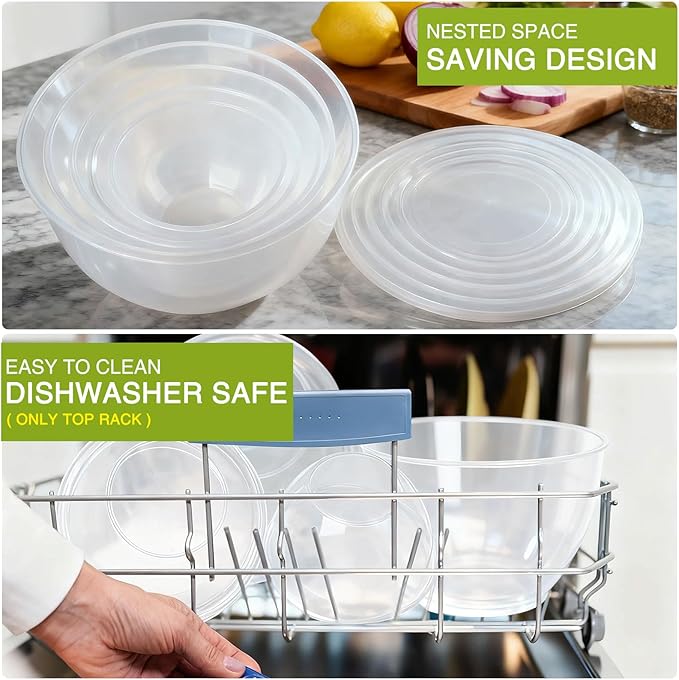 Plastic Mixing Bowls with Lids Set for Kitchen, Nesting Bowls for Mixing, Baking, Prepping, Cooking and Serving Food, Mixing Bowls Dishwasher, Microwave Safe (Clear)