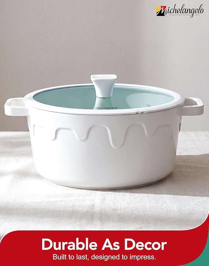 MICHELANGELO 8-Quart Soup Pot with Lid - Nonstick Large Ceramic Stock Pot for Induction Cooktop, 8qt Non Stick Cooking Pots with Silicone Handle Covers & Pot-Holder, Cream