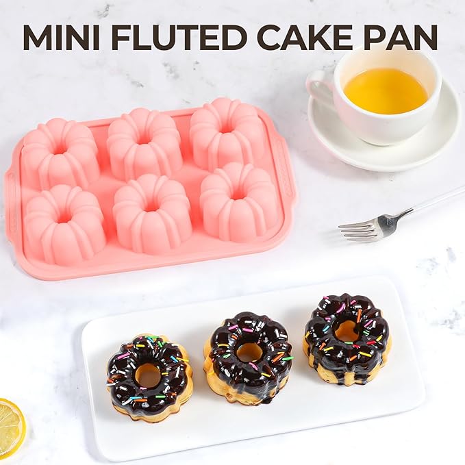 FUNBAKY Mini Fluted Tube Cake Pans for Baking with Metal Reinforced Frame, 2Pcs Silicone 6-Cavity Mini Flan Molds, Nonstick Baking Mold for Cupcake, Brownie, Donuts, Cornbread, Jello