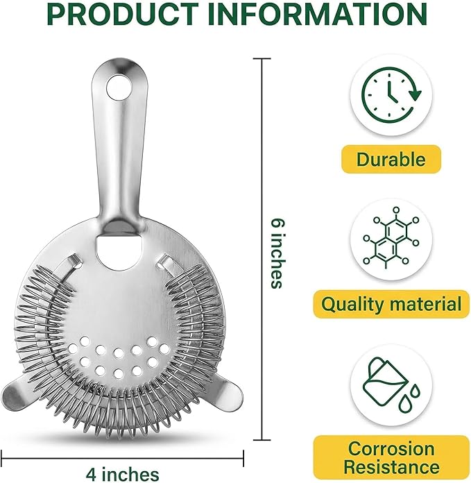 WUWEOT 9 Pack Cocktail Strainer, 4-Prong Stainless Steel Bar Strainer, 6 Inches Silver Bar Tool Drink Strainer with 100 Wire Spring for Bartenders and Mixologists