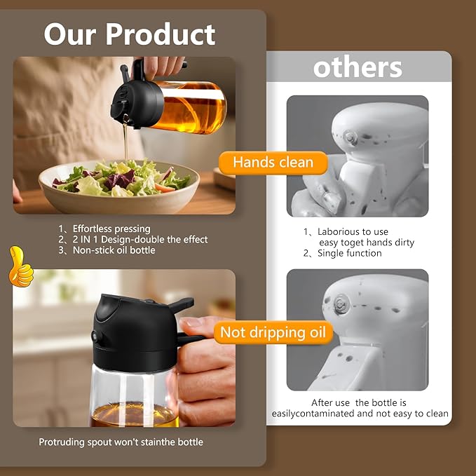 2PCS Oil Sprayer for Cooking, 16oz/470ml Glass Oil Dispenser/Pour Bottle, Kitchen Accessories, Kitchen Gadgets for Air Fryer, Salad, BBQ, with Stickers (Black,White)