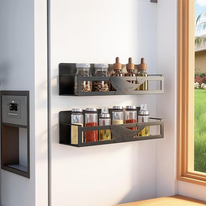 Magnetic Spice Rack for Refrigerator, 2 Pack Metal Magnetic Shelf Organizer for Fridge Side, Strong Spice Storage Rack for Kitchen, Black