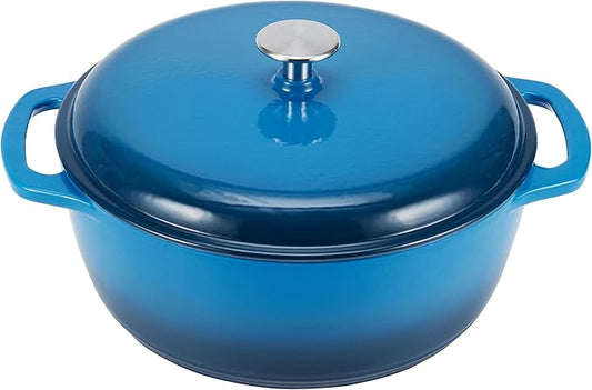 Amazon Basics Enameled Cast Iron Dutch Oven Pot with Lid, Oven Safe, Heavy-Duty, Dual Handles for Roasting and Stews, 7.3-Quart, Blue