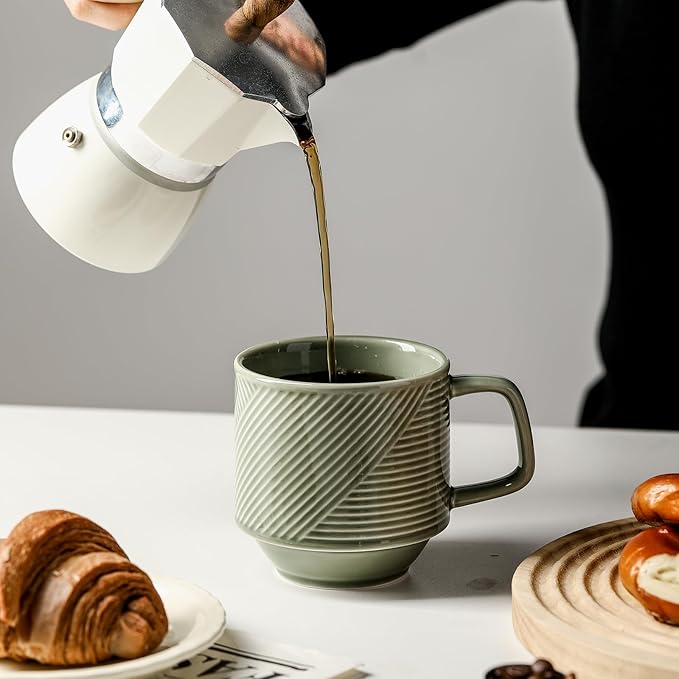 Stackable Coffee Mugs with Rack: 13 oz Stacking Ceramic Cups with Stand - Porcelain Stacked Tea Mug Set of 4 (Pea Green)