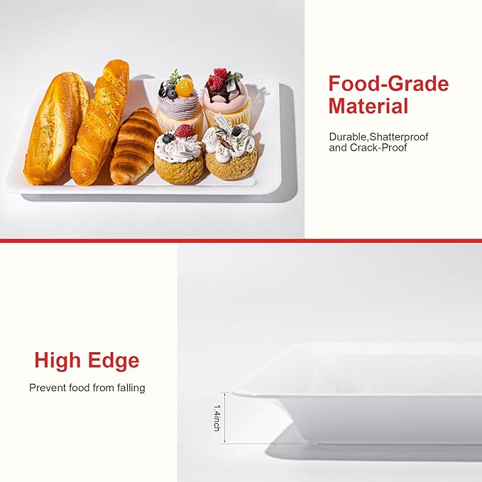 6-Pack 14" x 9" White Large Plastic Serving Trays, Reusable Serving Platters for Dessert, Fruit, Snacks, Cookies, Heavy Duty Food Serving Tray for Kitchen, Party