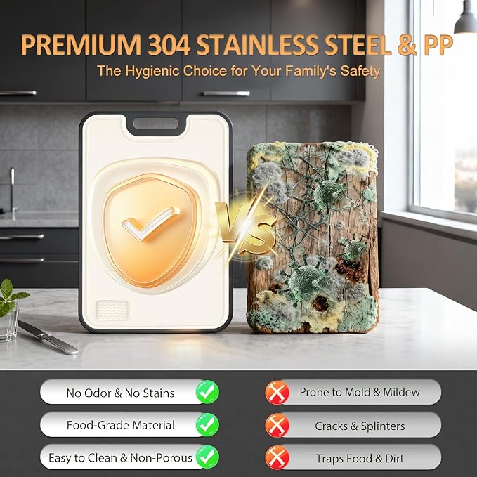 18/8 Stainless Steel Cutting Board, Large Double Sided Chopping Board for Kitchen (17x12"), Food-Grade 304 & Wheat Straw PP, Deep Juice Grooves, non Toxic, Non-Slip & Dishwasher Safe