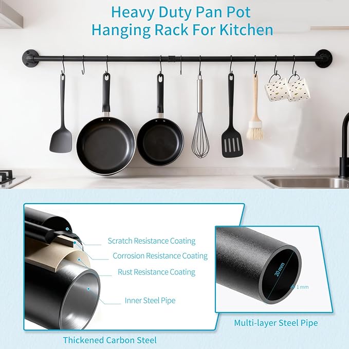 38 inch Pot Pan Rack Wall Mounted Industrial Pipe Hanging Rail Kitchen Lids Bar Utensils Hanger with 10 S Hooks Black