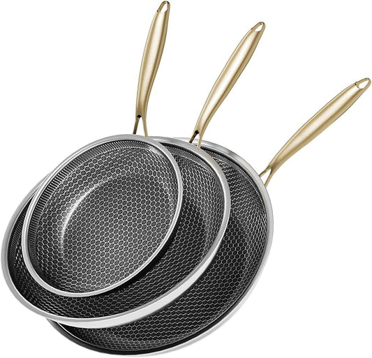 Honeycomb Stainless Steel Nonstick Frying Pan with Lid Set (No Lid Included), Induction Cooktop Compatible Skillet, PFOA-Free Scratch-Proof, Dishwasher & Oven Safe, Gold Kitchen Cookware