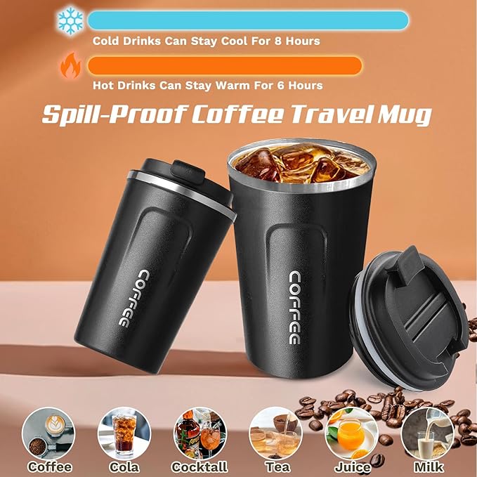 Travel coffee mugs leak-proof, reusable coffee cups with lids, stainless steel vacuum insulated coffee tumblers, thermal insulation cups for men & women keep drinks hot & cold(2nd-Black, 17OZ)