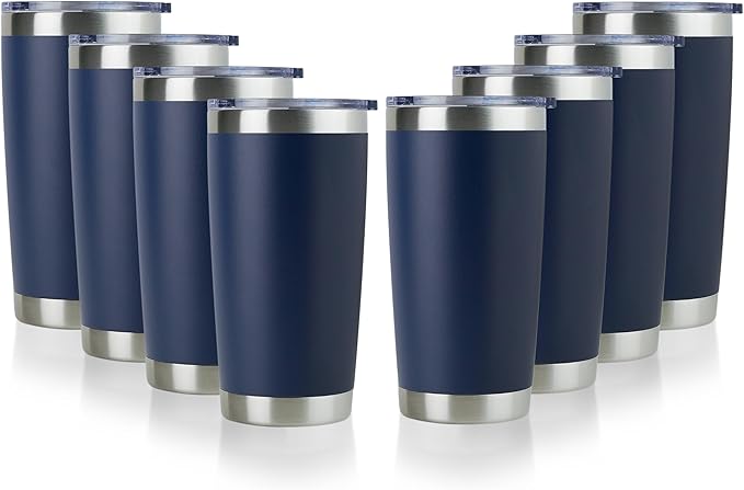 DOMICARE 20oz Stainless Steel Tumbler Bulk with Lid, Double Wall Vacuum Insulated Travel Mug, Powder Coated Coffee Cup, Powder Navy, 8 Pack