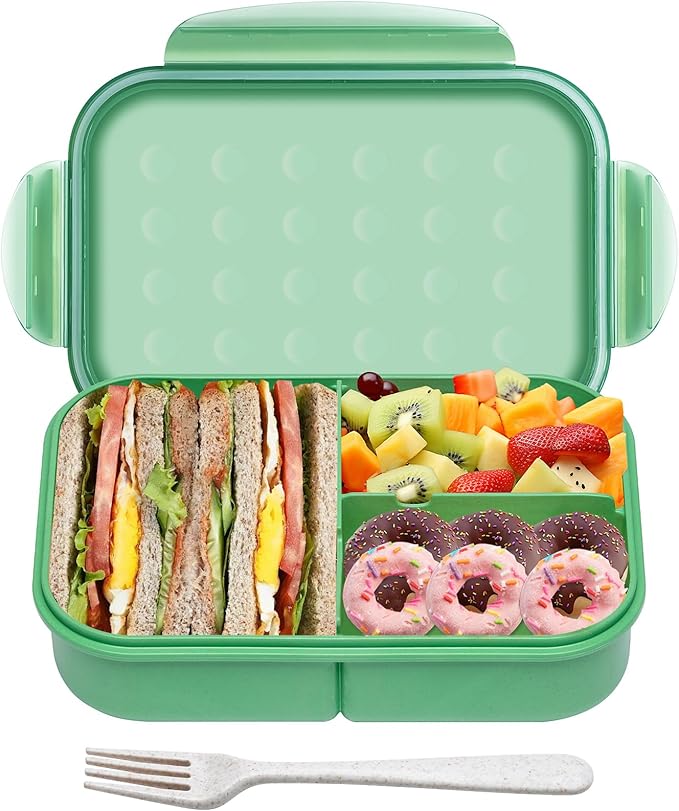 Wheat Straw Lunch Box, Leakproof 3-Compartment Bento Box for Kids & Adults, BPA-Free, Microwave & Dishwasher Safe, 5.5 Cup/1400 ml, Sage Green