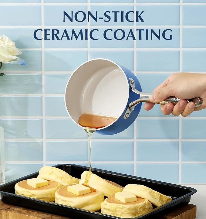 KOCH SYSTEME CS Small Saucepan with Lid, 1 Quart Nonstick Sauce Pan with PFAS-FREE Ceramic Coatings, Non-Toxic, Scratch-Resistant Small Cooking Pot with Lid, Blue