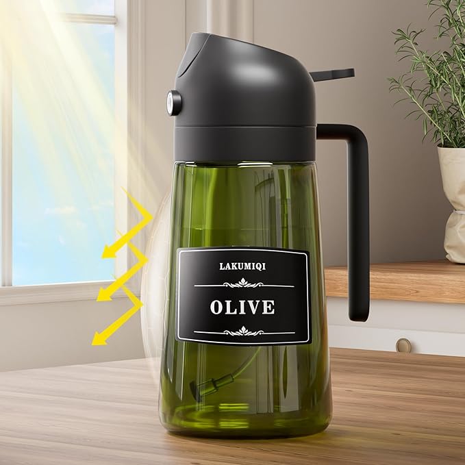 2 in 1 Oil Sprayer for Cooking, 16oz Olive Oil Dispenser Bottle for Kitchen, Food Grade Light-Blocking Leak Proof Glass Spray Bottle for Salad, Air Fryer, BBQ