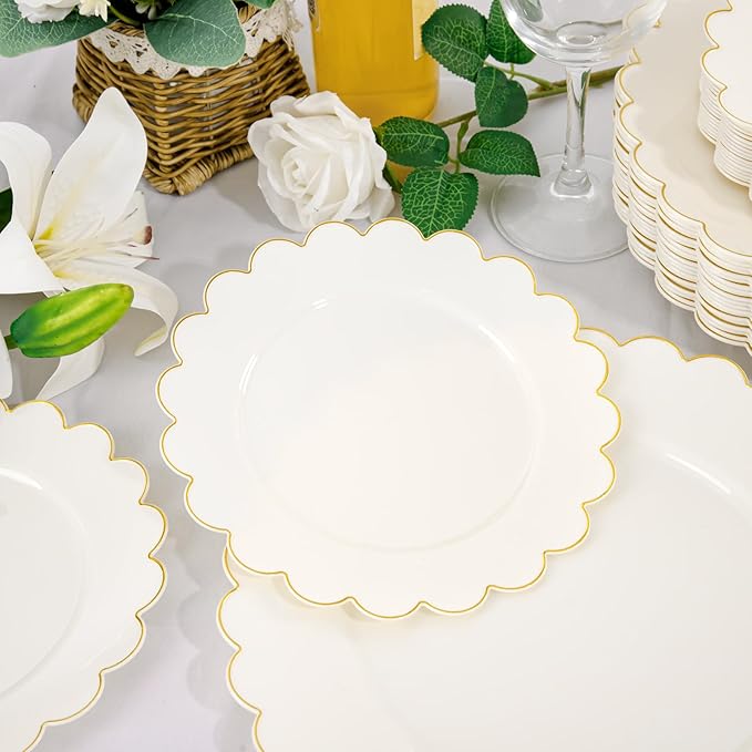 LIYH 120 Pcs Ivory Scalloped Plastic Plates Disposable - Ivory and Gold Plastic Plates - Gold Fancy Disposable Party Dinner & Dessert Plate for Wedding Birthday Easter Day