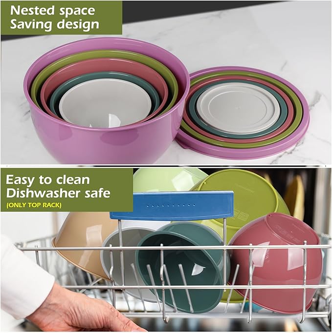 Plastic Mixing Bowls with Lids Set for Kitchen, Nesting Bowls for Mixing, Baking, Prepping, Cooking and Serving Food, Mixing Bowls Dishwasher, Microwave Safe (Purple)