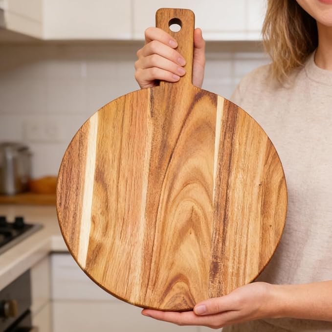 Large Acacia Wood Cutting Board with Handle 17''X13'', Charcuterie Board, Serving Board, Chopping Board for Meat, Cheese, Bread, Vegetables & Fruits (Round)