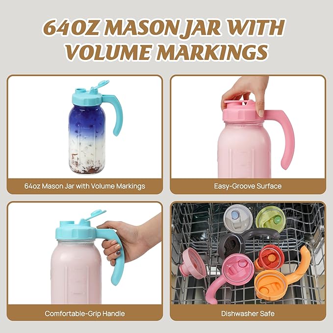 Soligt Glass Mason Jar Pitchers with Lids, Wide Mouth Flip Cap Pour Spout Leak-proof Lid with Handle, 64 oz/2 Quart, for Iced Coffee/Sun Tea Juice/Cold Brew/Milk (2 Pack, Taffy Pink + Baby Blue)
