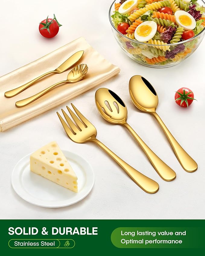 45 Piece Gold Silverware Set with Serving Utensils, Stainless Steel Flatware Set for 8 Food Grade Cutlery Utensil Set Include Knife Fork Spoon Mirror Polished Dishwasher Safe
